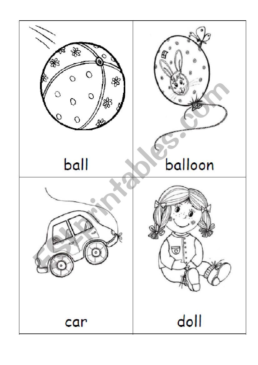 Toys flashcards BW worksheet