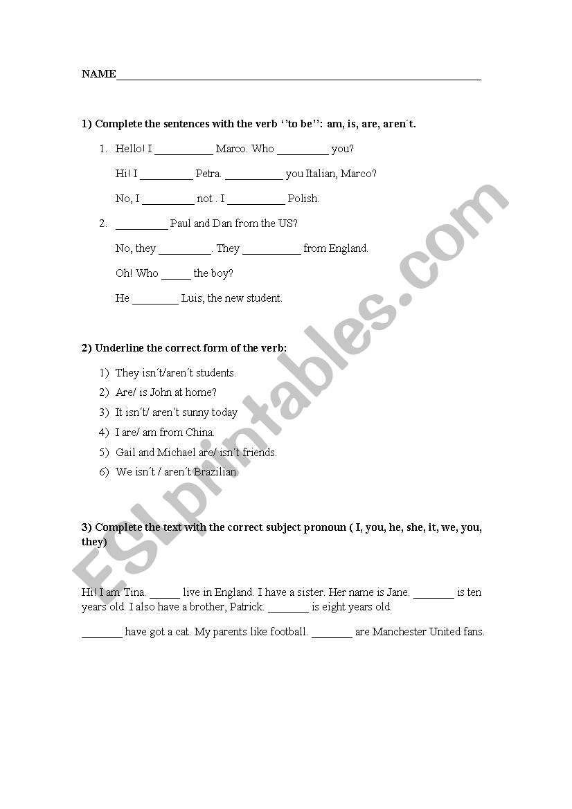 to be + subject pronouns worksheet