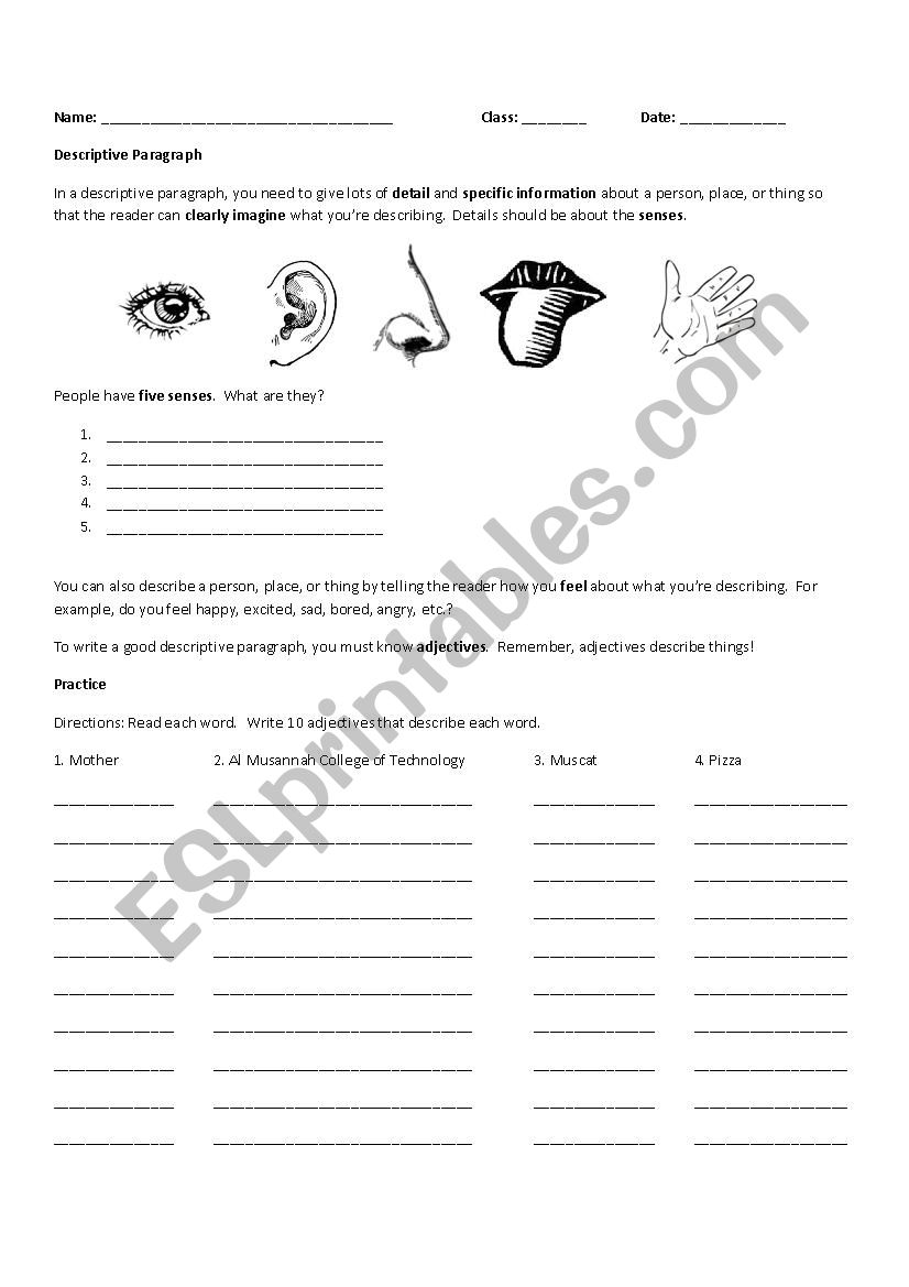 Descriptive Paragraph worksheet