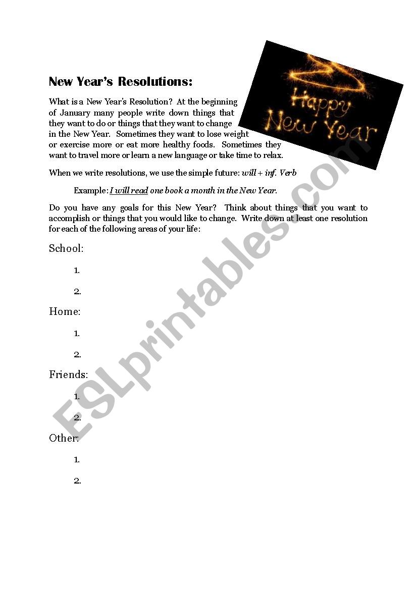 New Years Resolutions worksheet