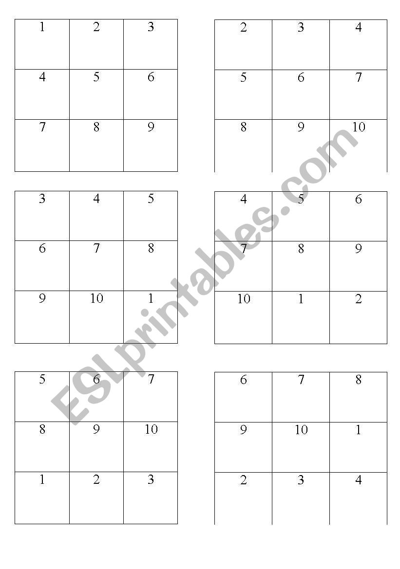 bingo 1-10 worksheet
