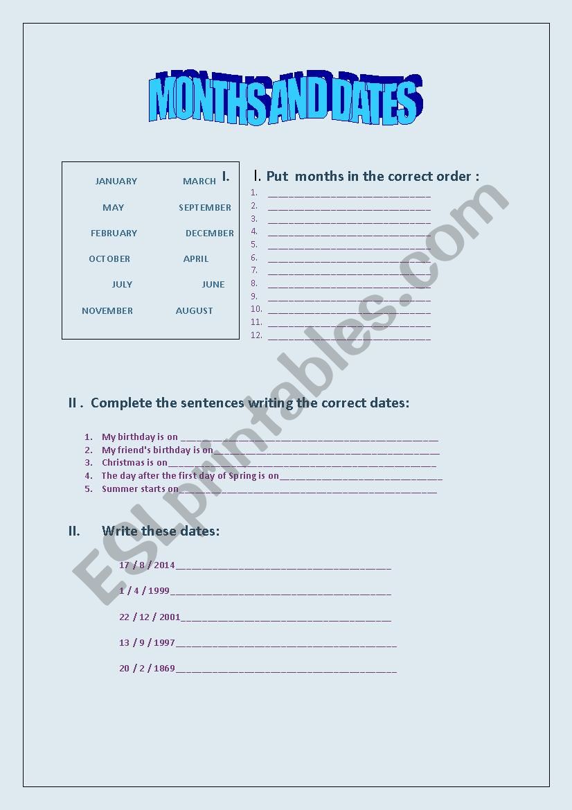 Months and Dates worksheet Months and Dates worksheet