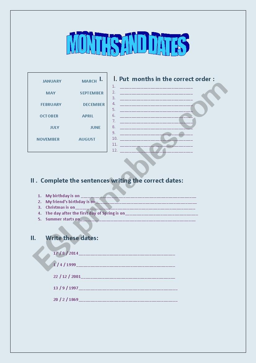 Months and Dates worksheet