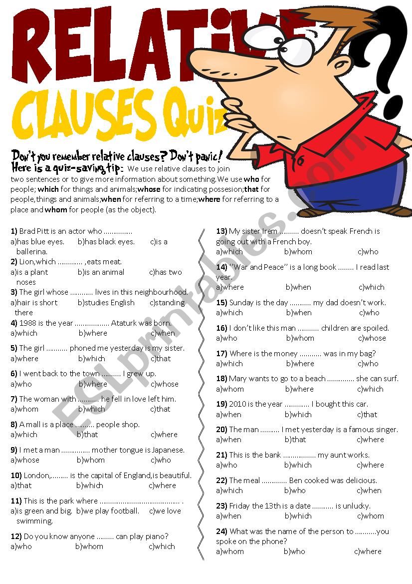 Relative Clauses Quiz worksheet