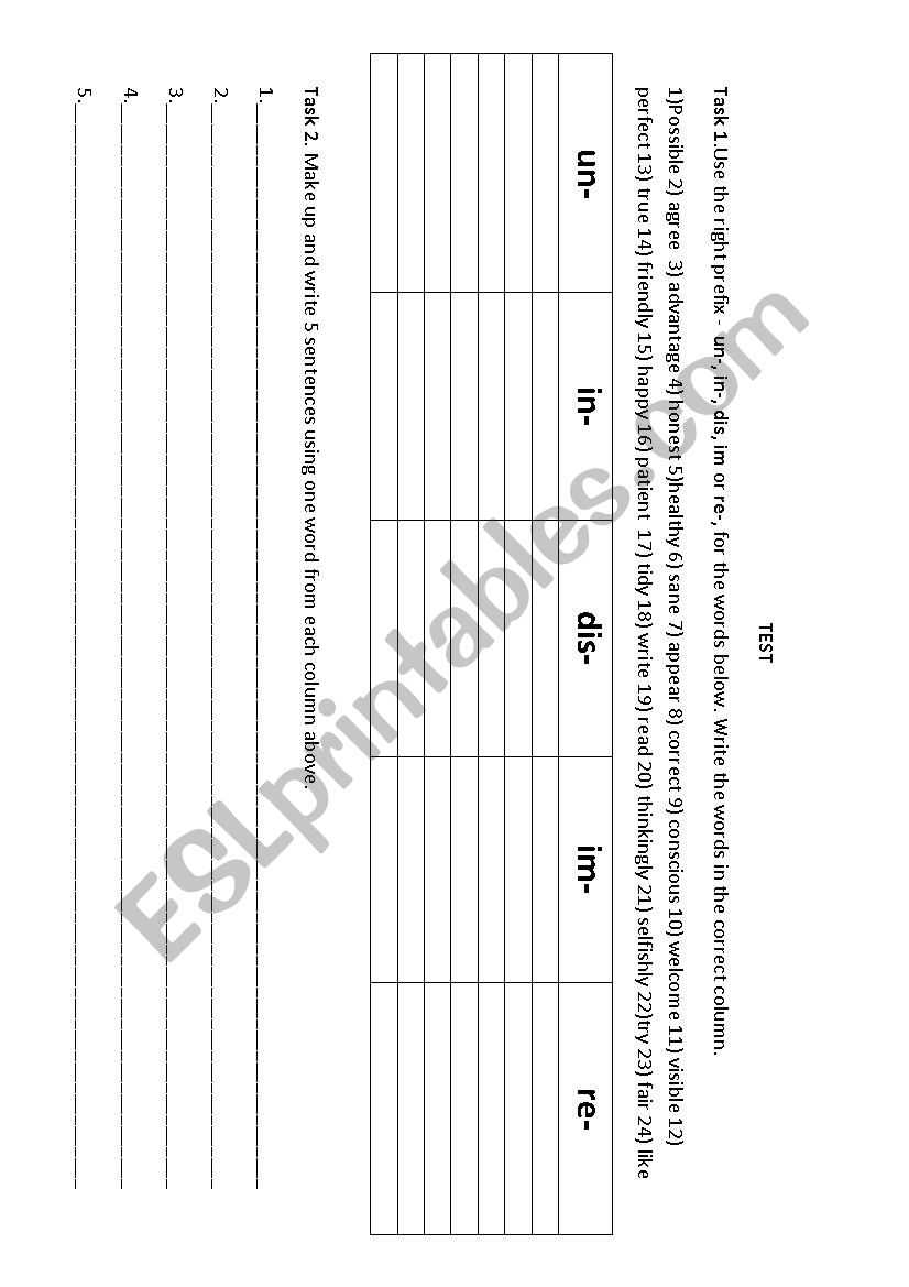 TEST PREFIXES worksheet