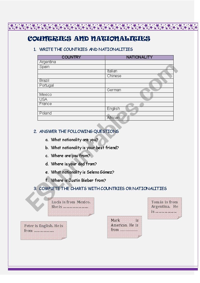 Countries and Nationalities worksheet