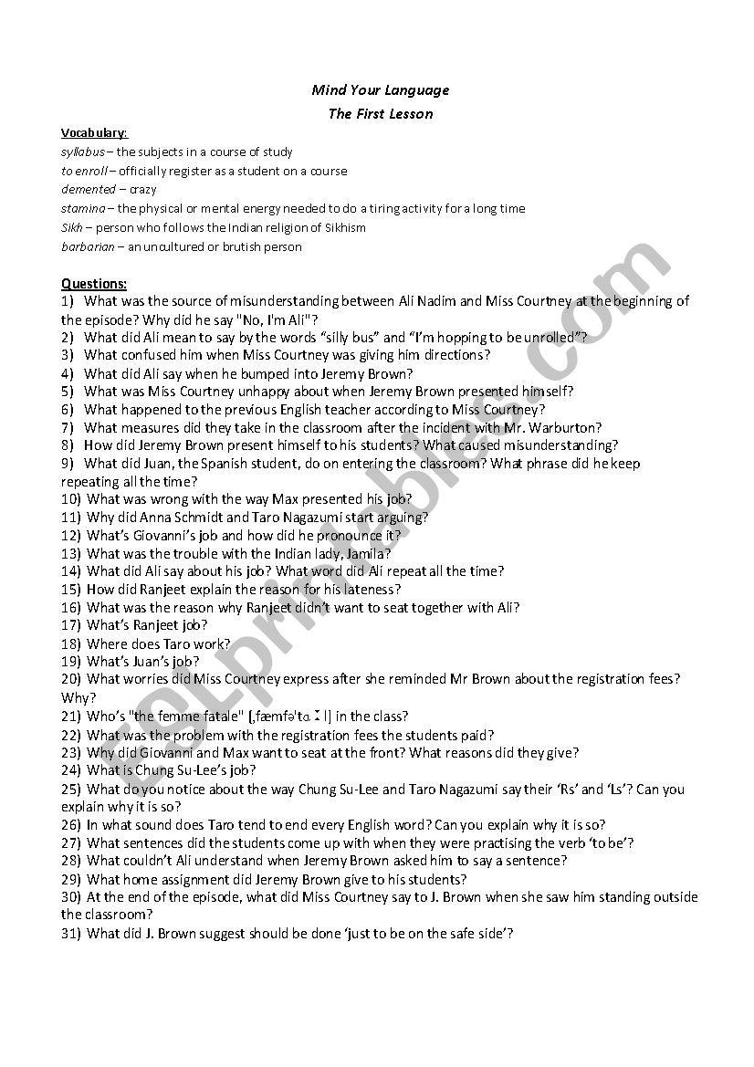 Mind Your Language worksheet