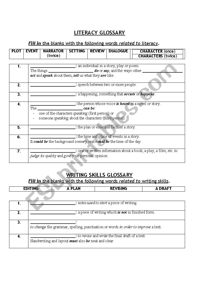 LITERACY AND WRITING SKILLS GLOSSARIES WITH KEY