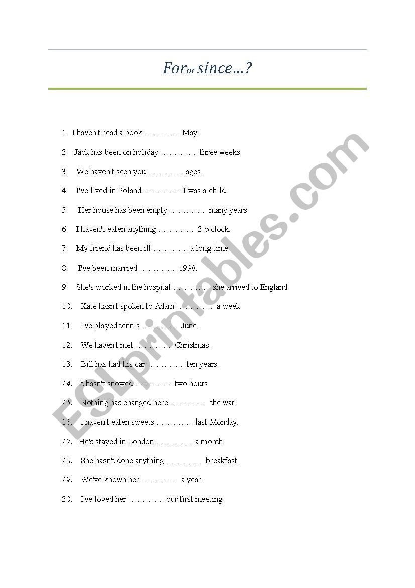 FOR or SINCE? worksheet