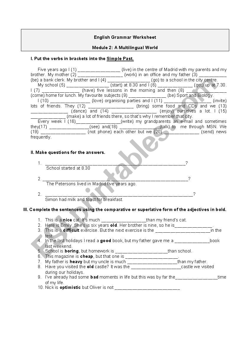 Worksheet on the Simple Past and Comparative form of adjectives