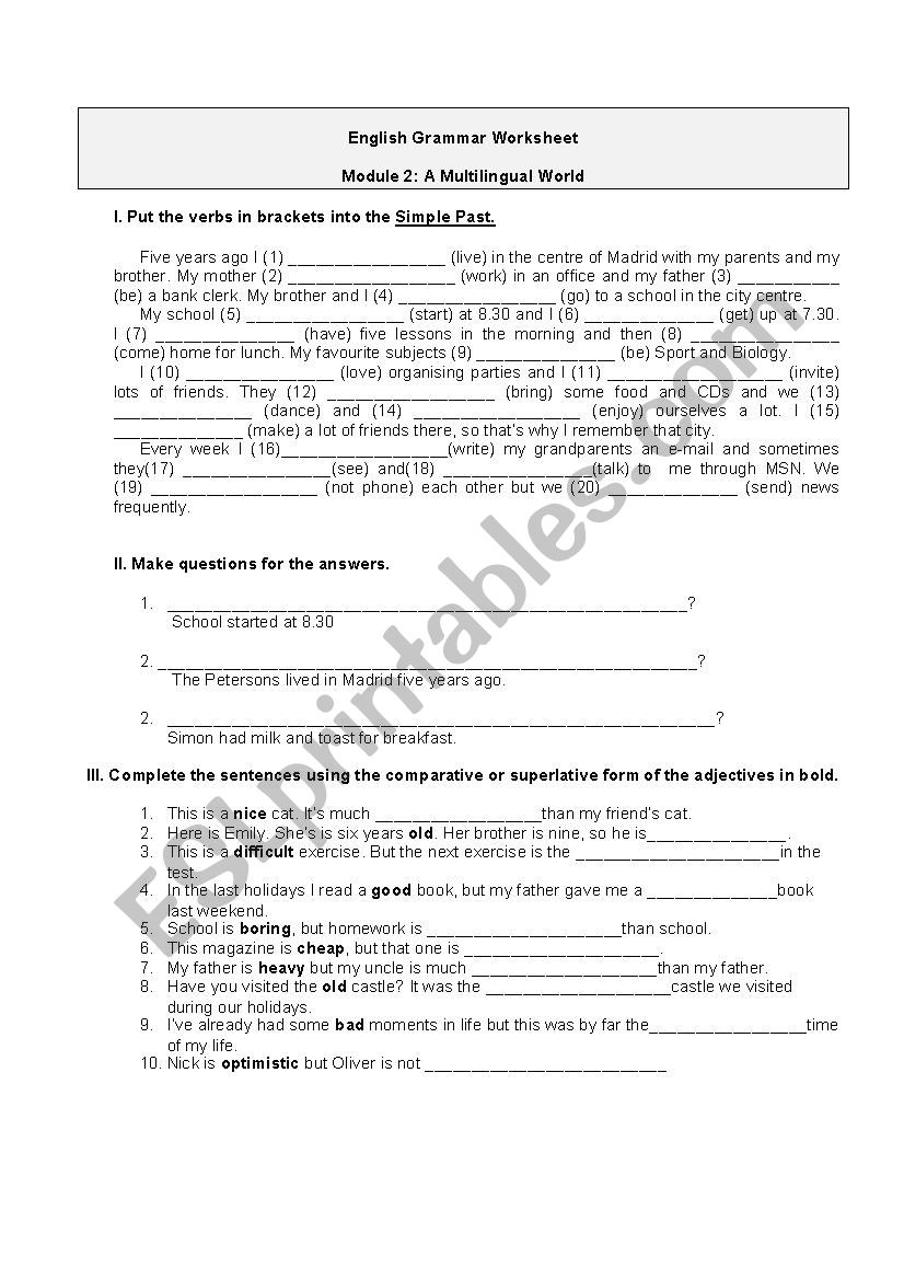 Worksheet on the Simple Past and Comparative form of adjectives