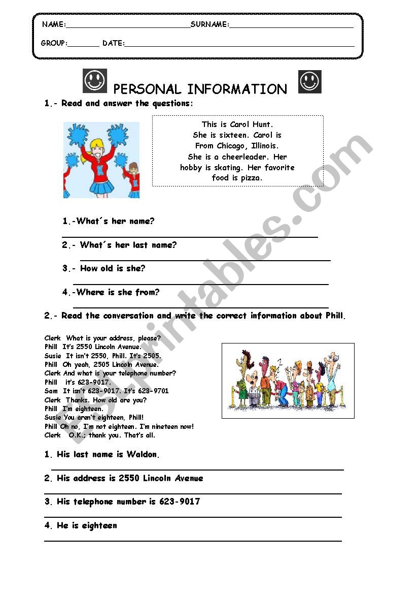 PERSONAL INFORMATION worksheet