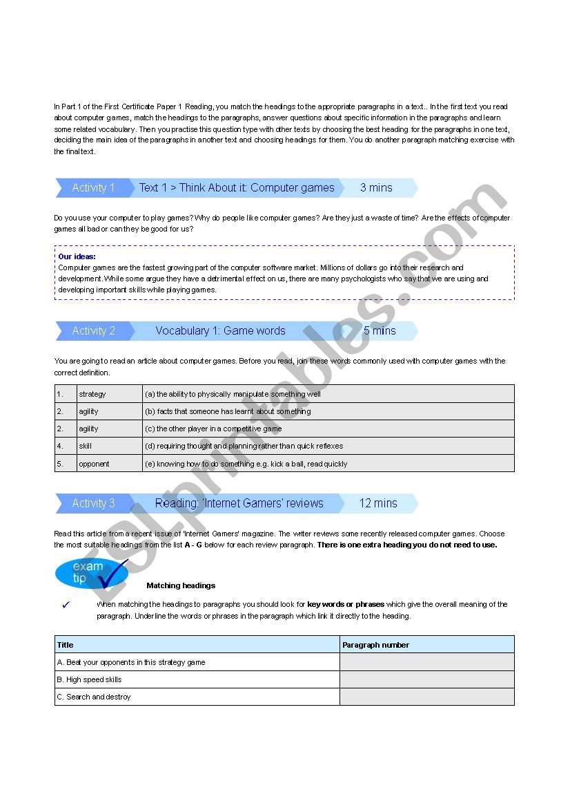 FCE PRACTICE PAPER 1 READING worksheet