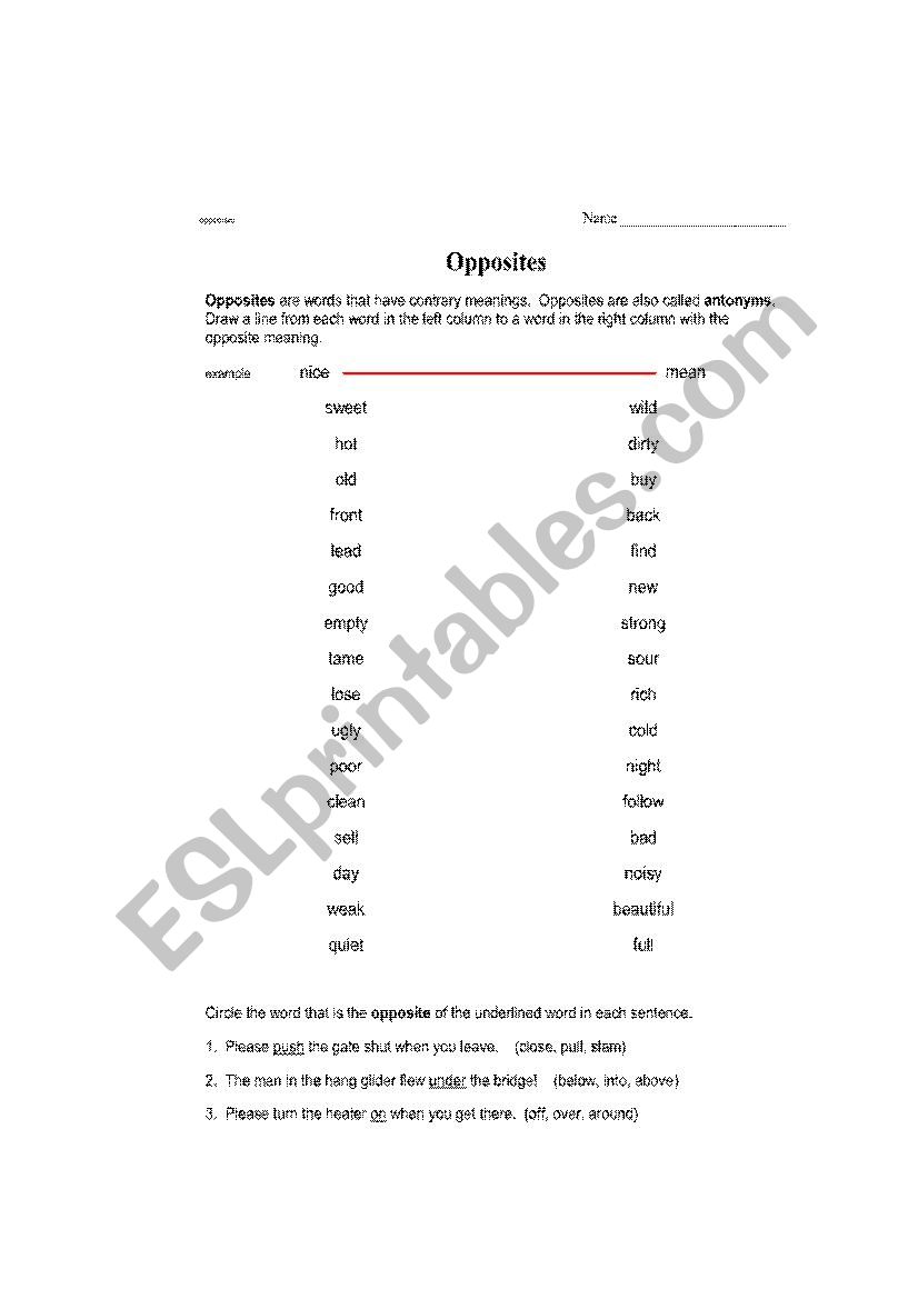 Opposites worksheet