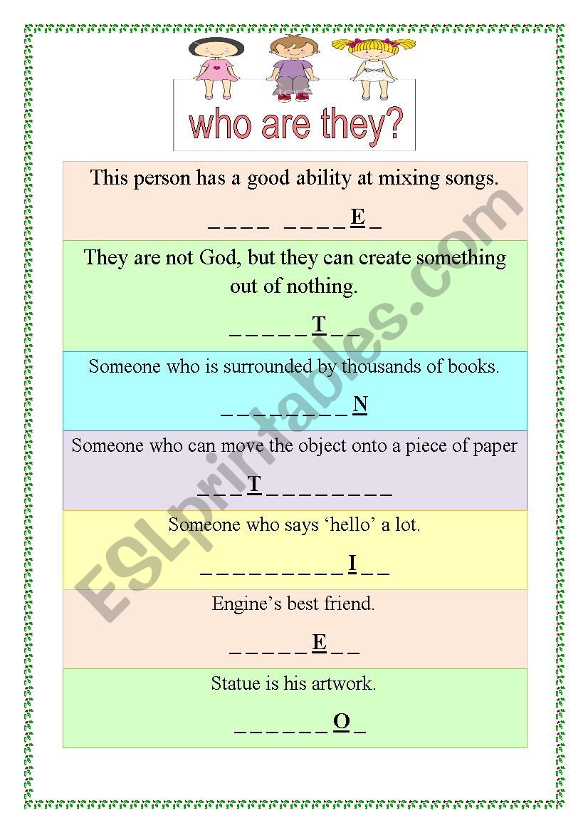 Jobs Riddle worksheet