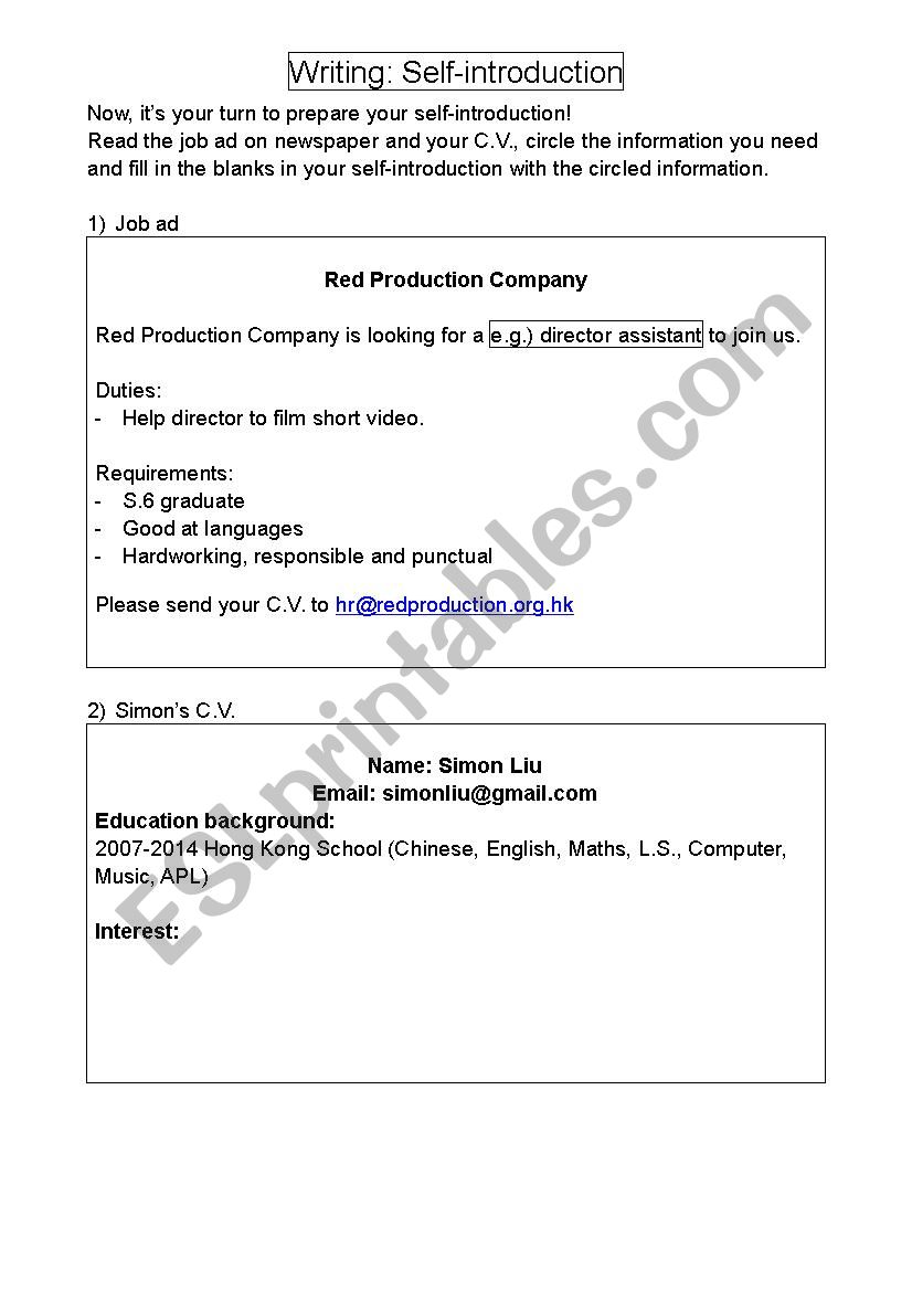 writing self introduction worksheet