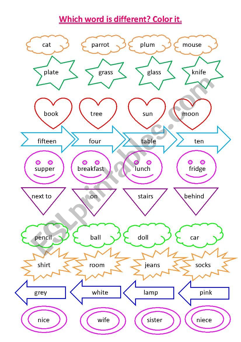 Which word is different? Color it.
