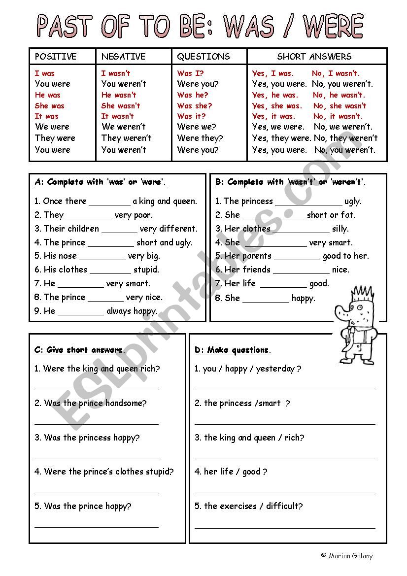 past tense of the verb to be, different exercises and grammar guide