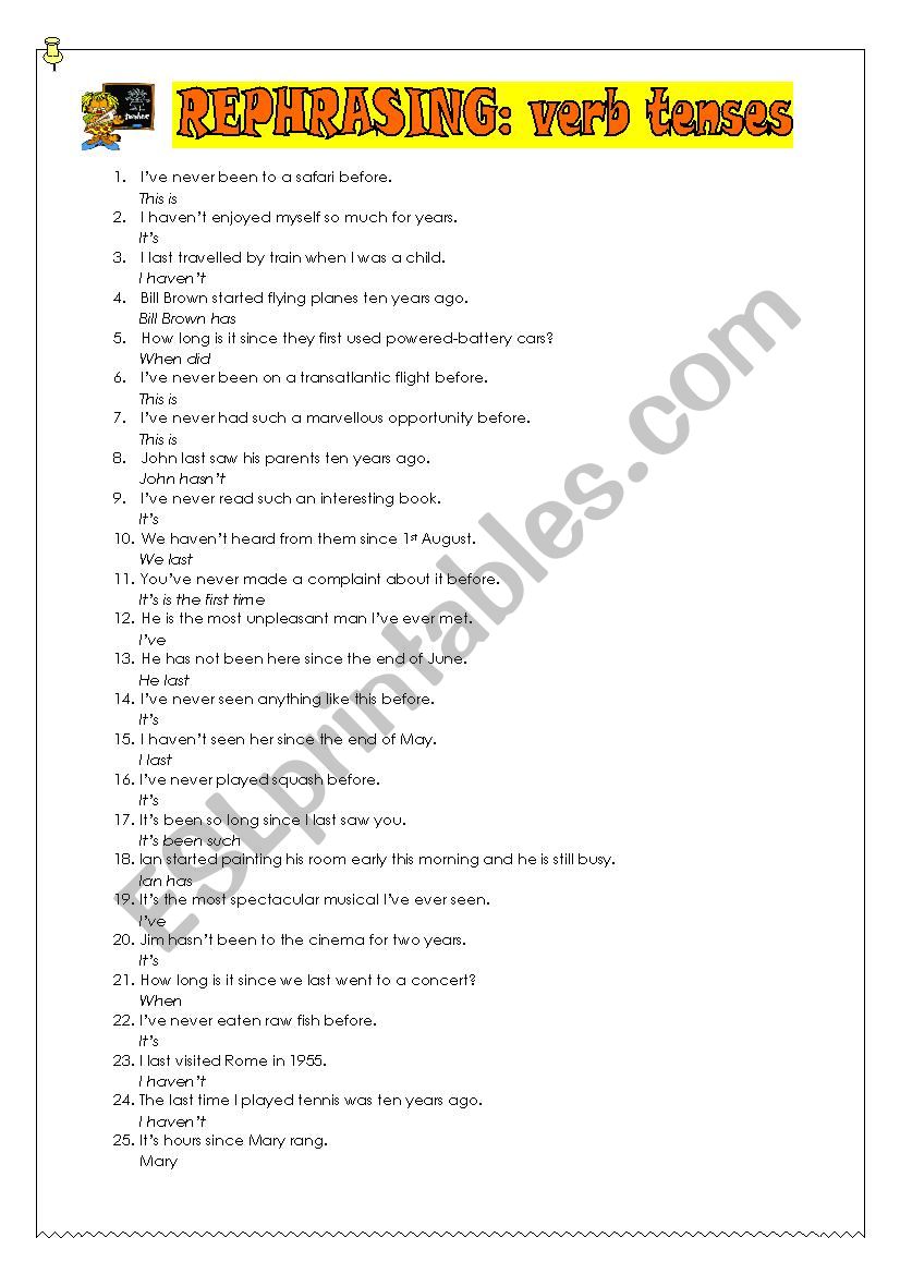 rephrasing verbal tenses worksheet