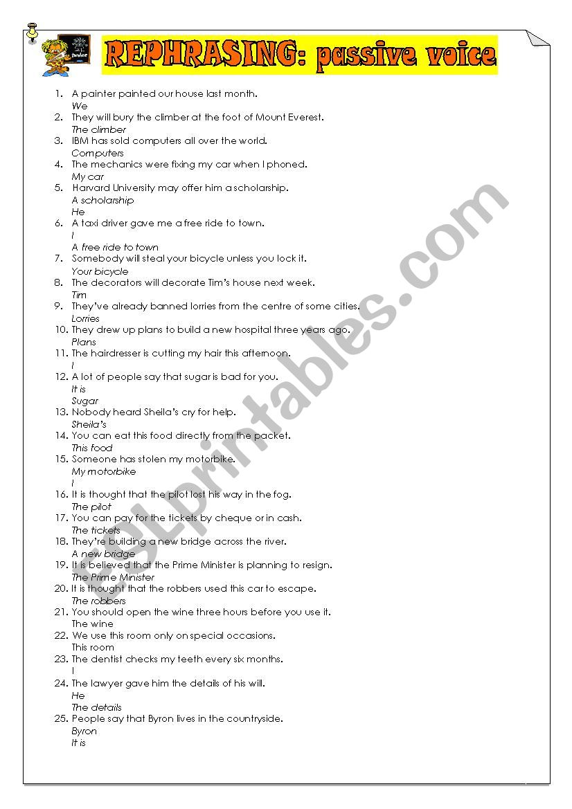 rephrasing passive worksheet