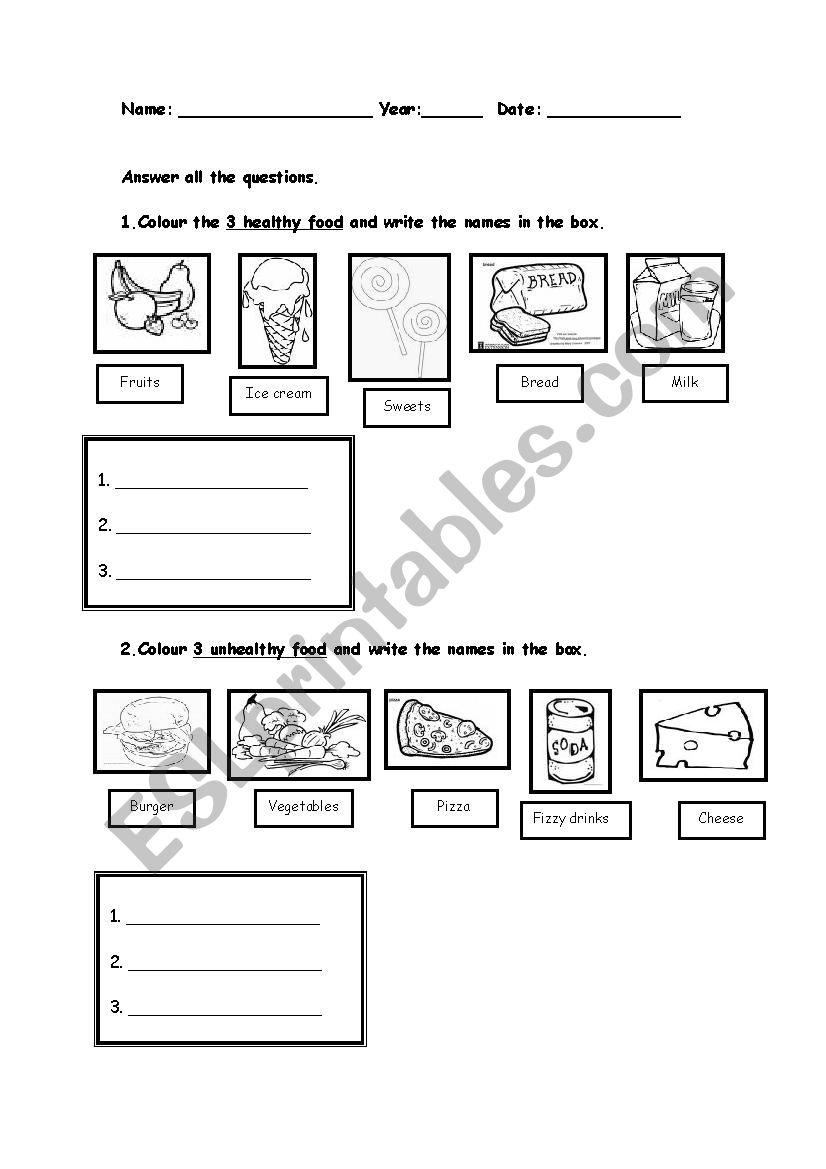 Healthy and unhealthy food worksheet