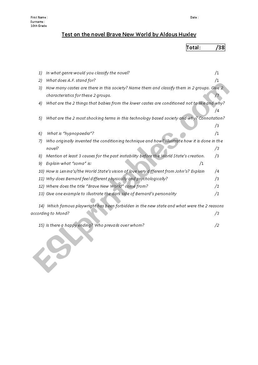 Test on Brave New World worksheet