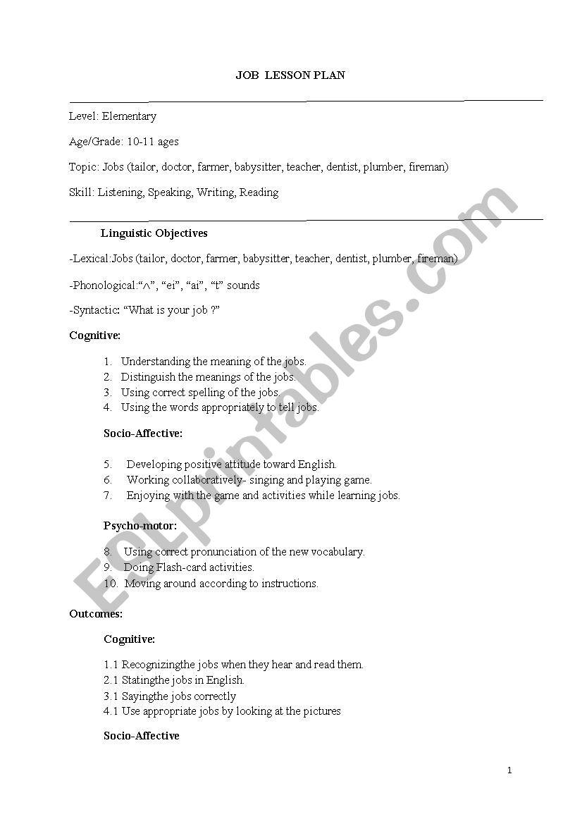 JOBS LESSON PLAN worksheet