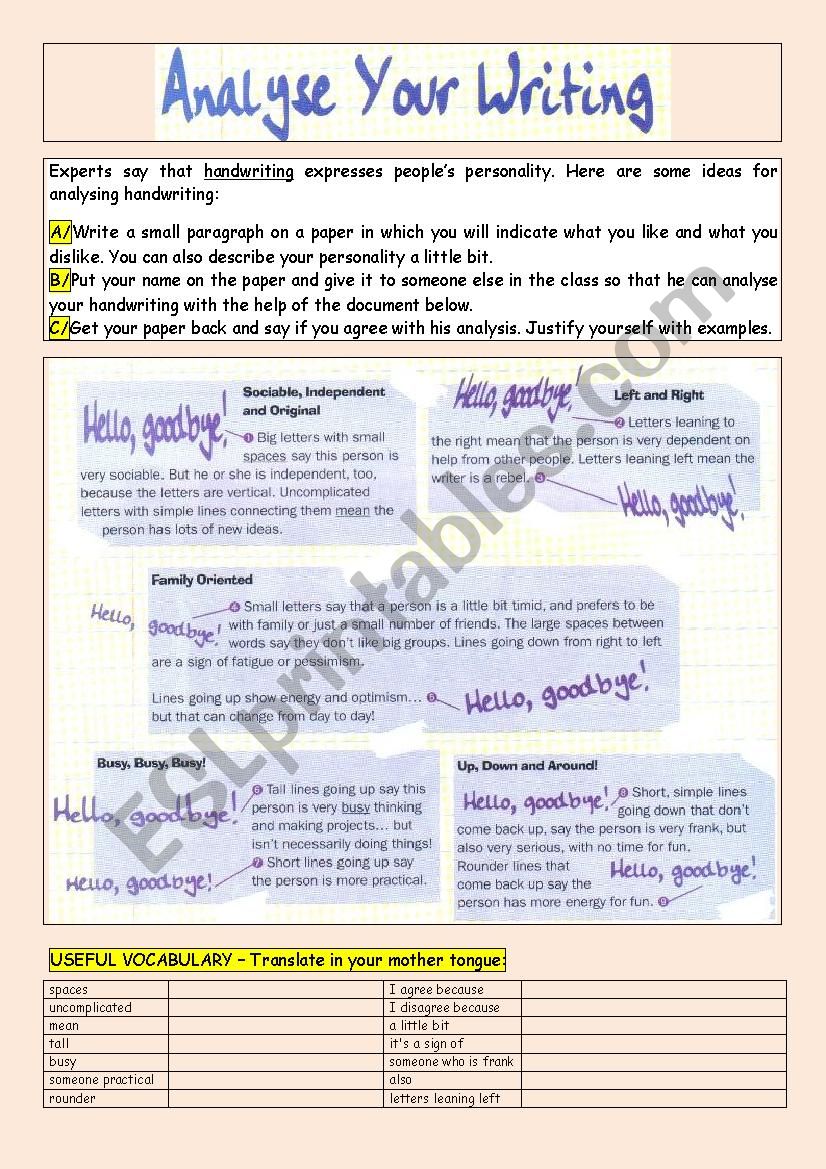 Analyse Your Writing - fun pair work, adjectives, personality traits