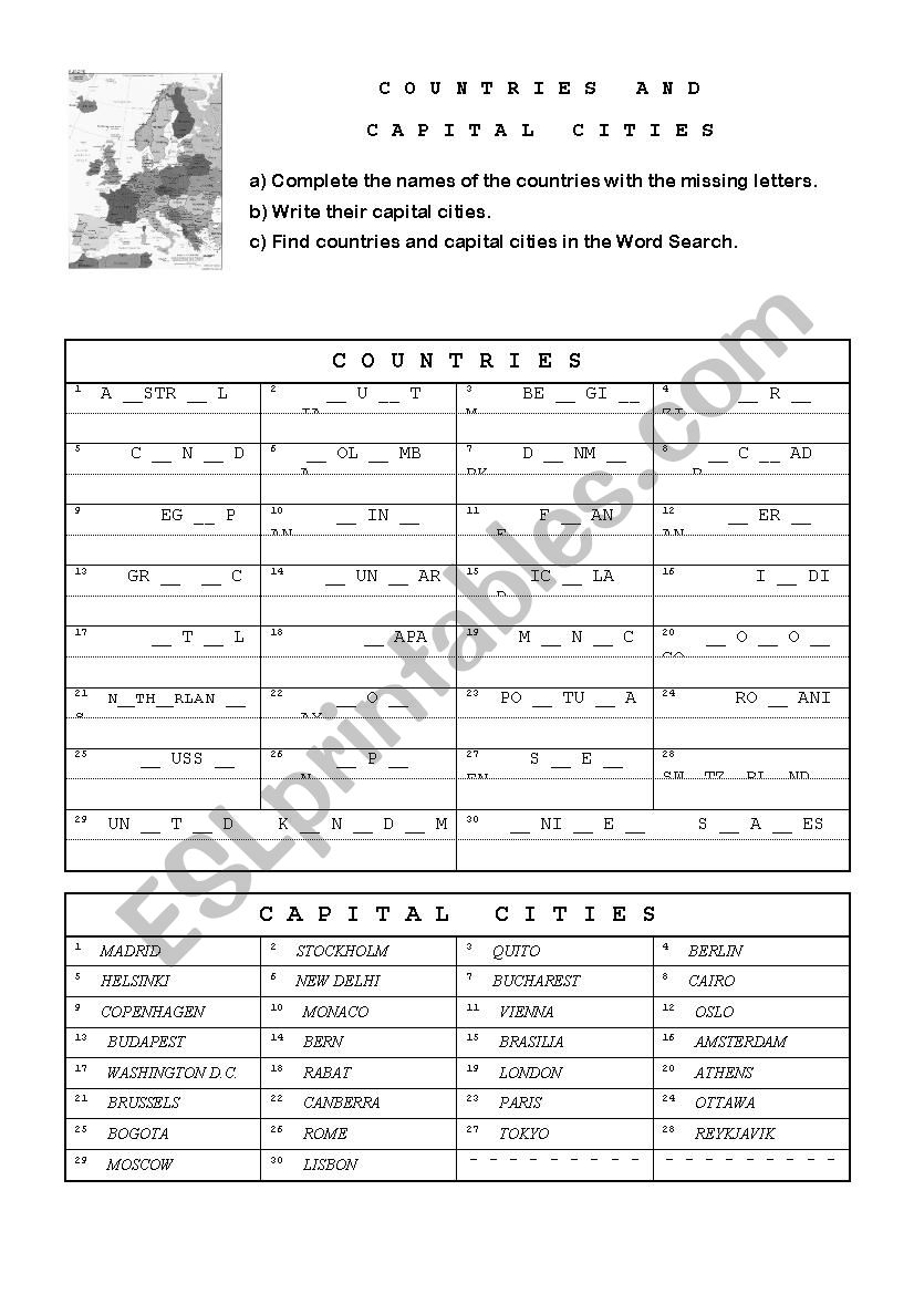 Countries and capital cities worksheet