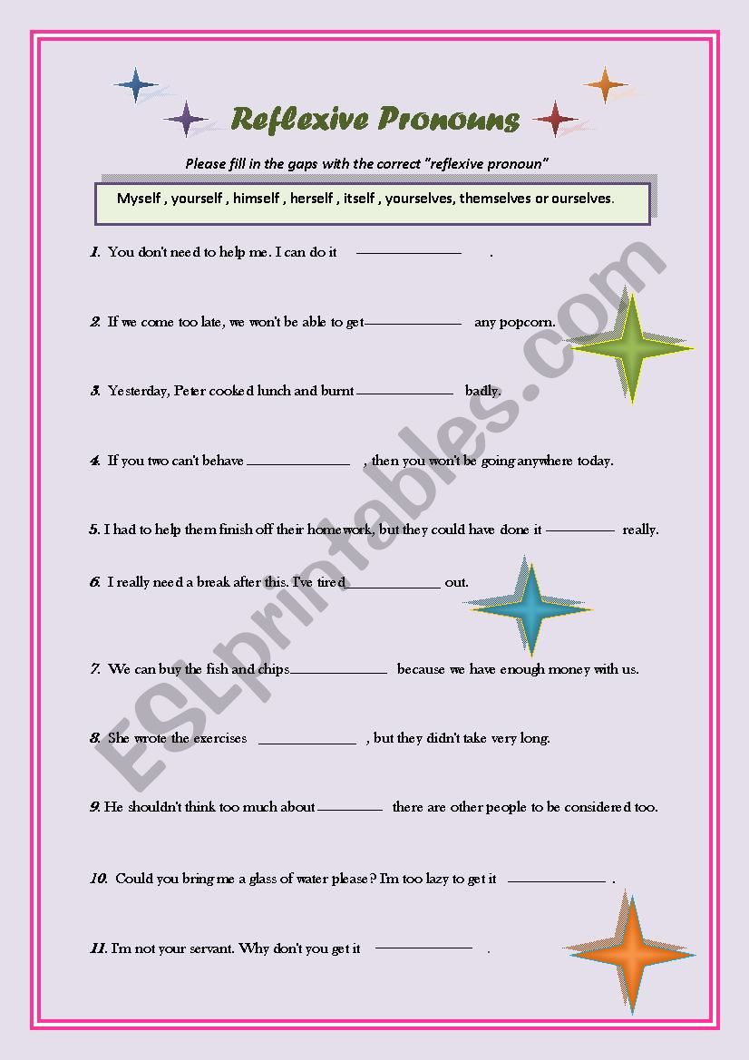 reflexive pronouns worksheet