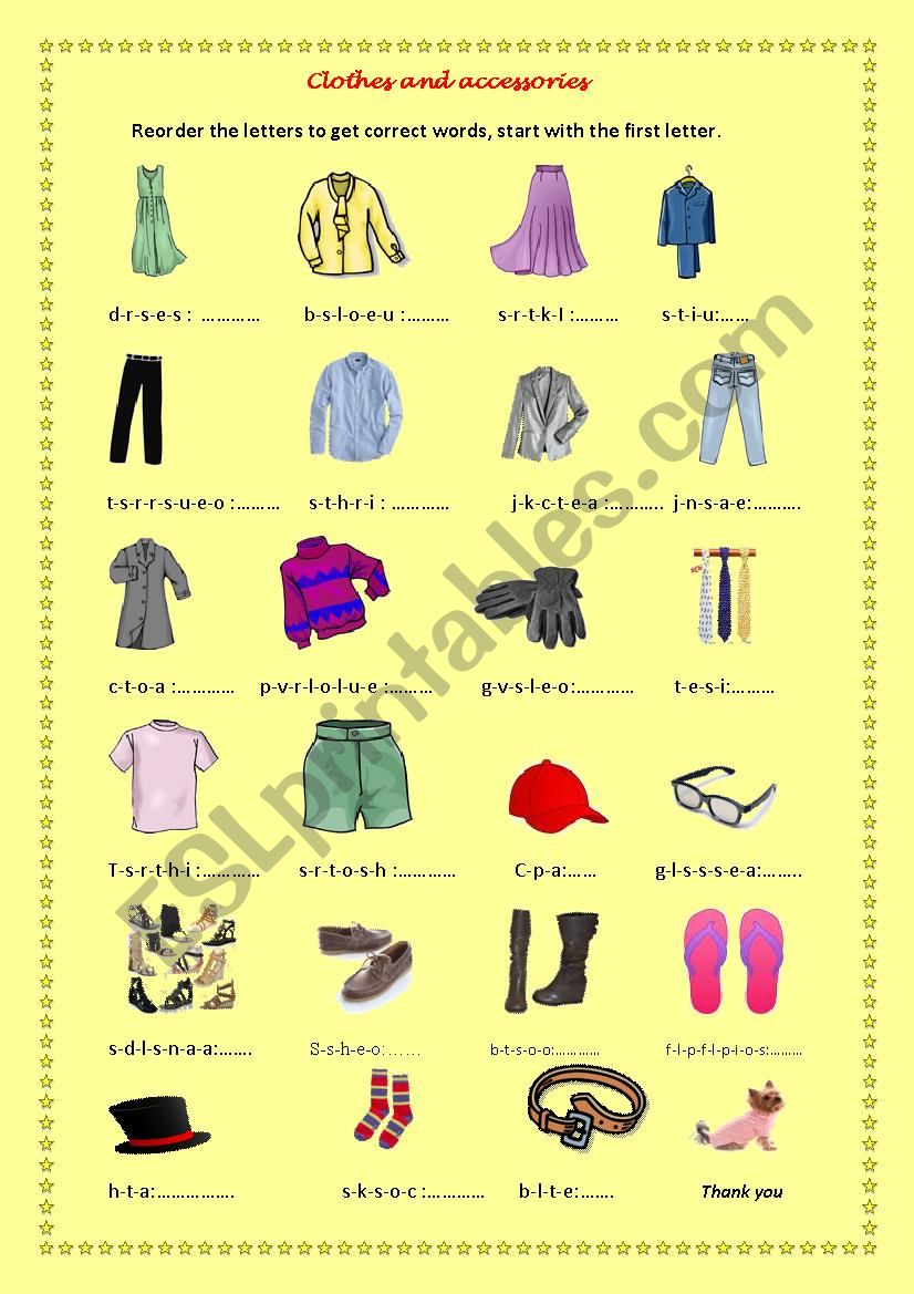 Clothes and accessories worksheet