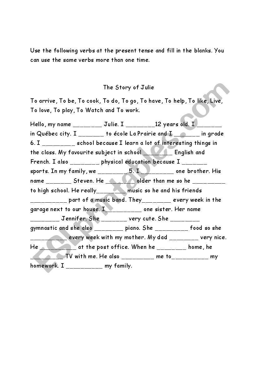 The story of Julie worksheet