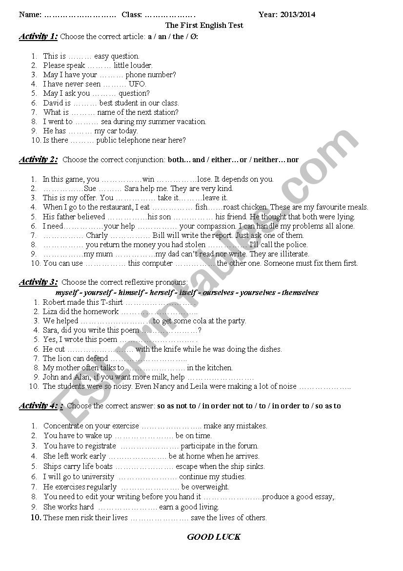 test worksheet