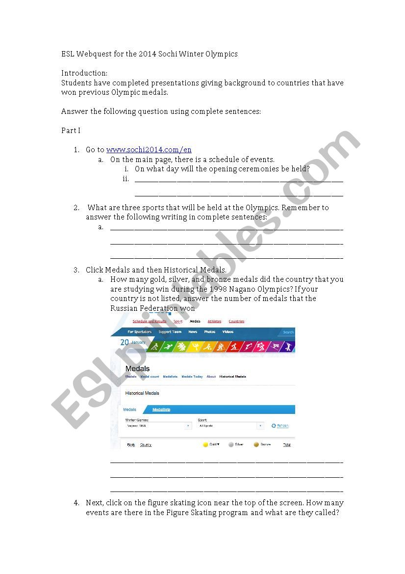 Webquest for Sochi Olympics worksheet
