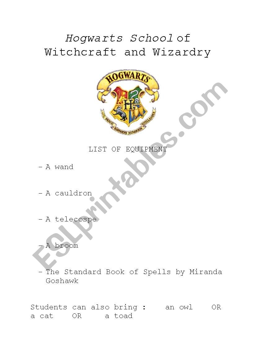 Hogwarts LIST OF EQUIPMENT worksheet