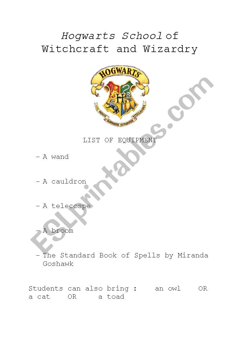 Hogwarts LIST OF EQUIPMENT worksheet