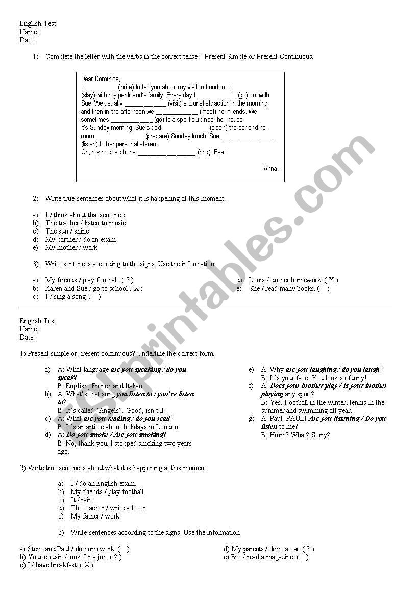 present continuous tests worksheet