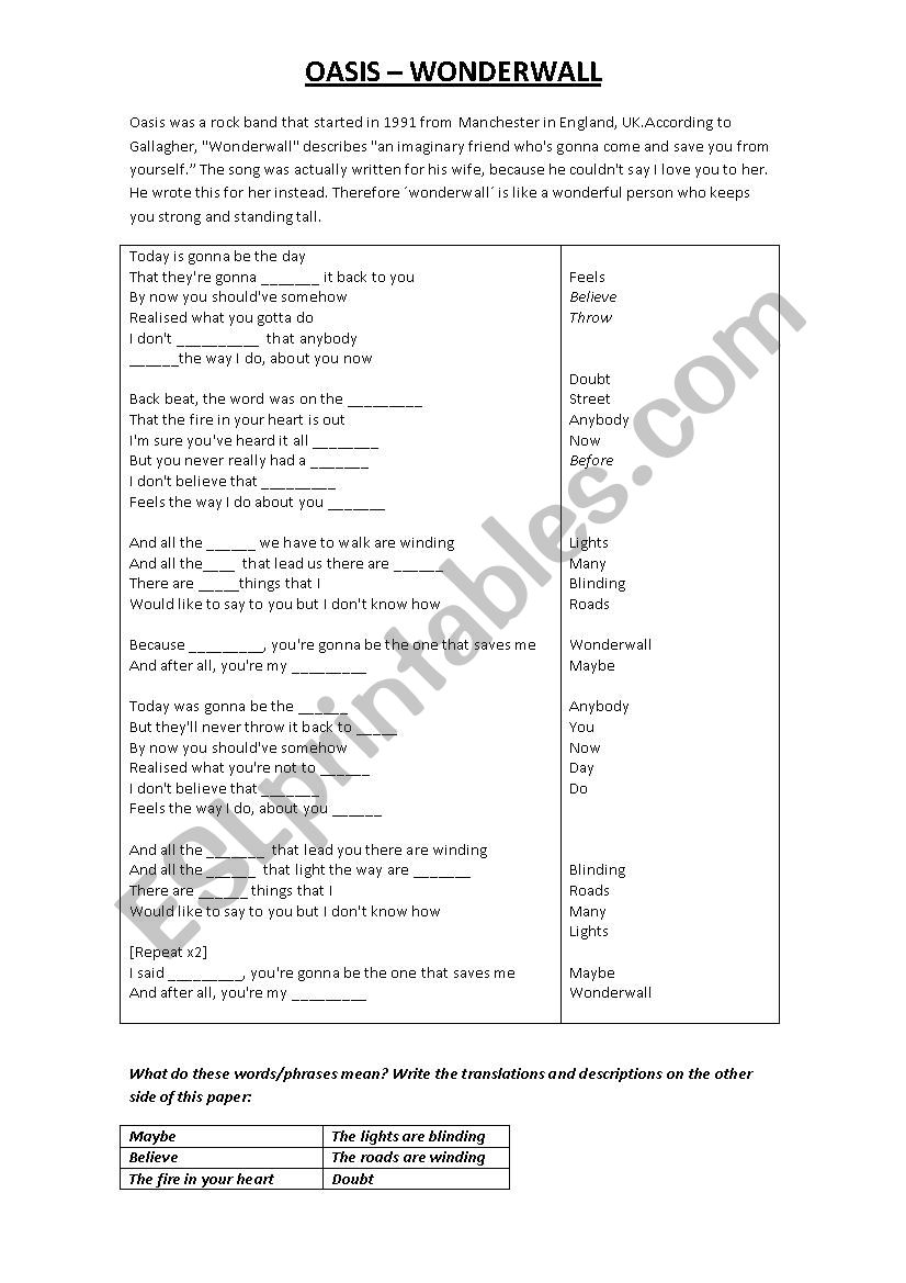 Oasis - Fill in the gaps worksheet