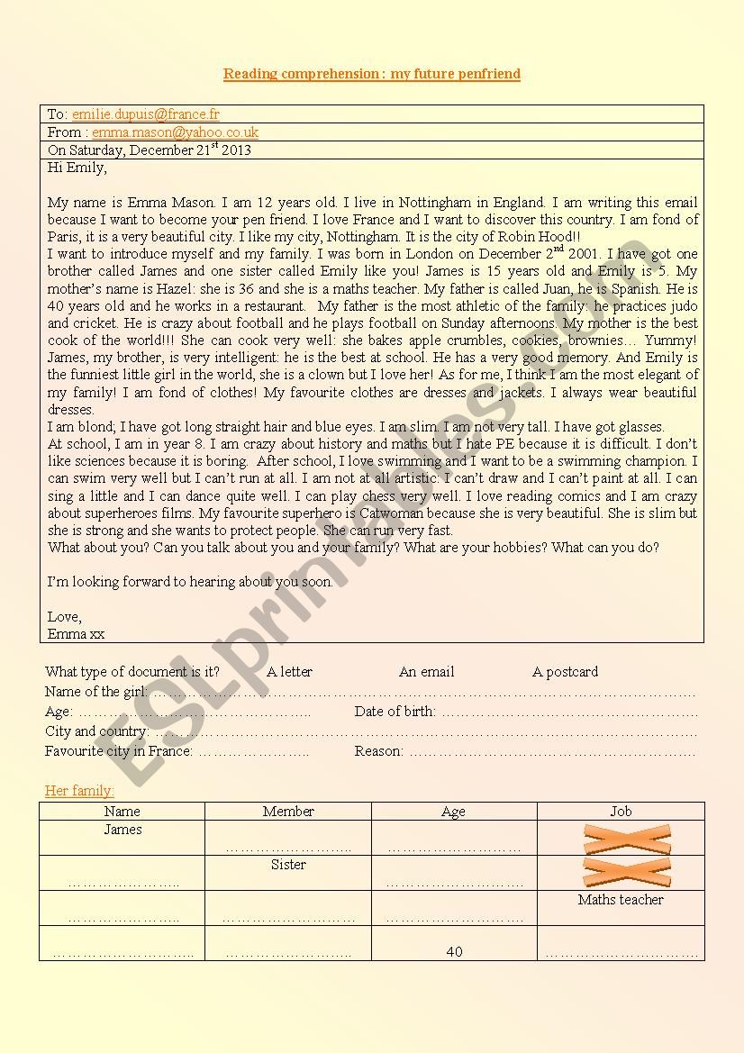 Emma´s email reading comprehension ESL worksheet by englishteacher60