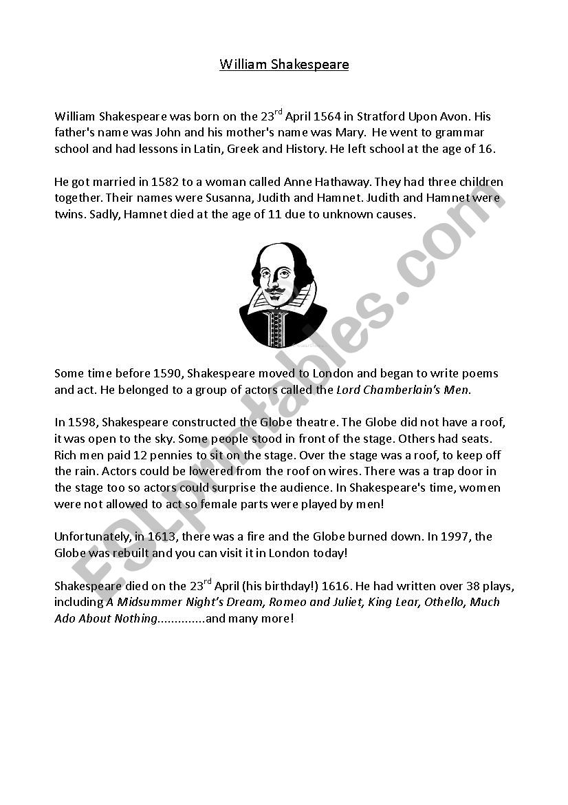 Shakespeare Biography and Questions