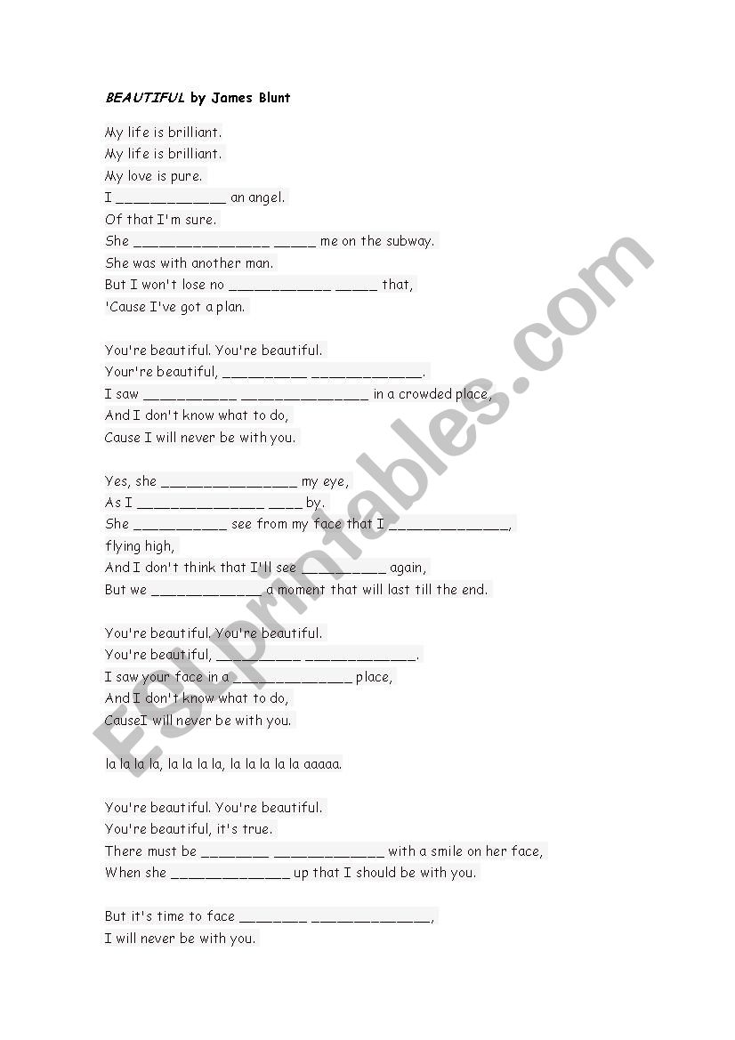 Beautiful by James Blunt worksheet