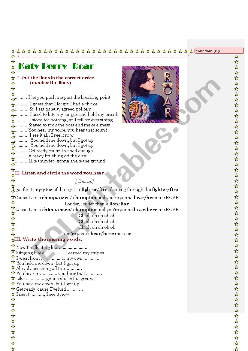 Song Worksheet - Roar - Katy Perry
