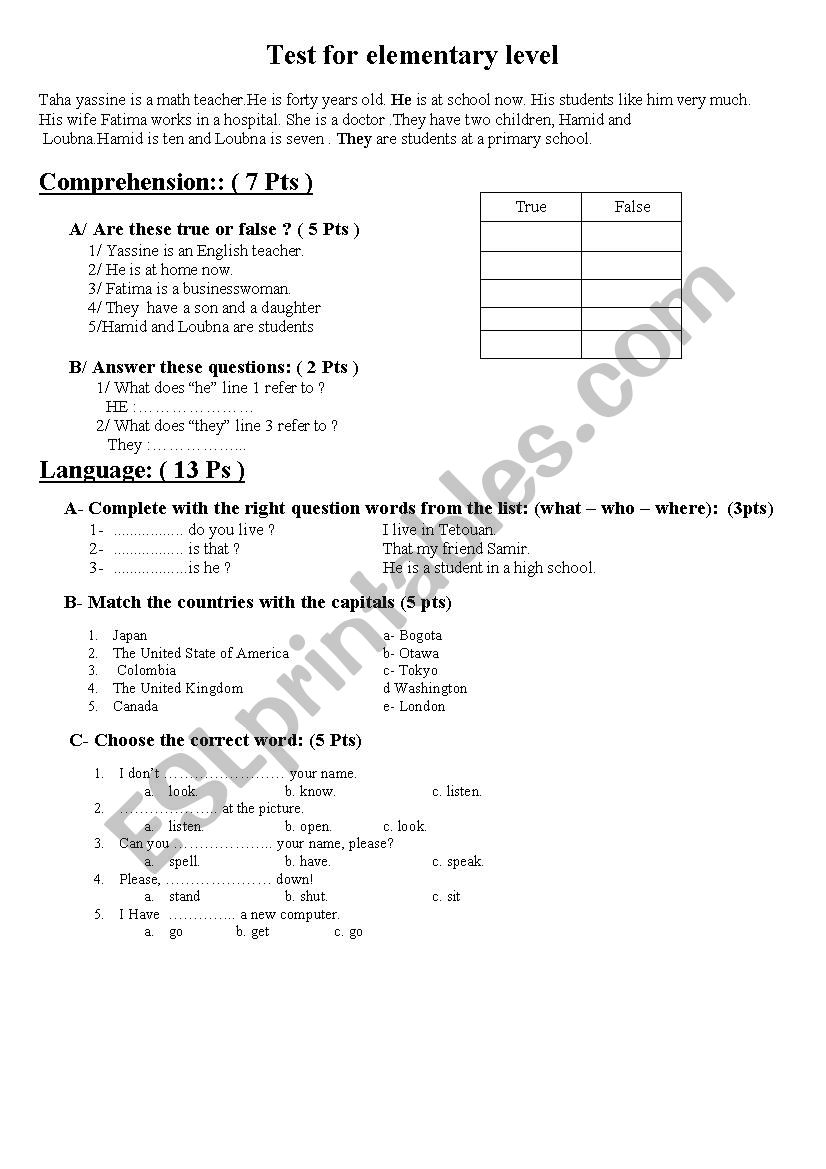 Elementry Level worksheet