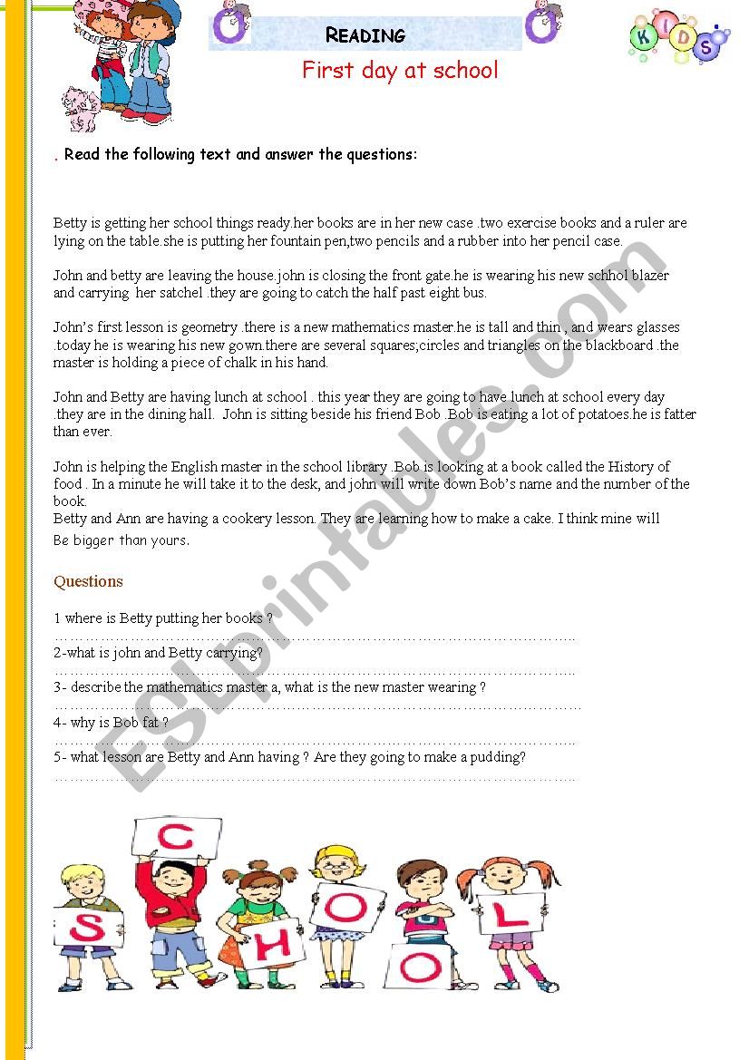 first day at school worksheet