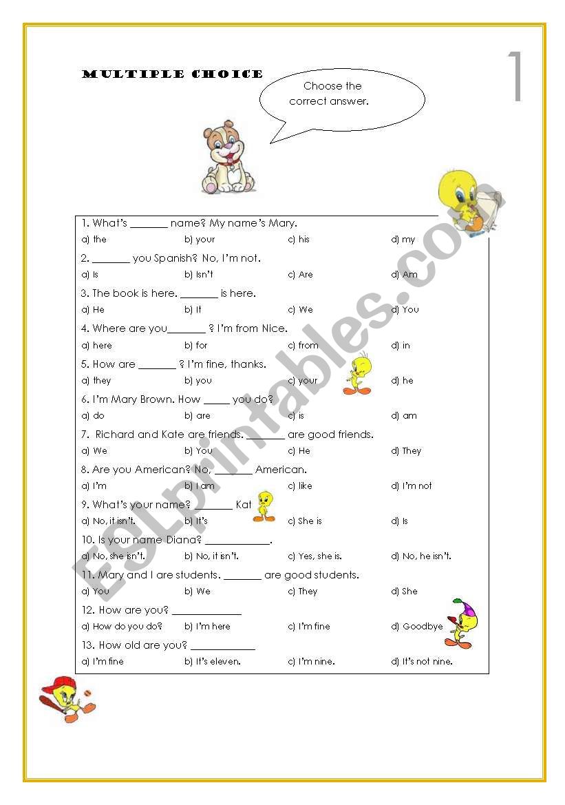 Multiple choice exercises worksheet