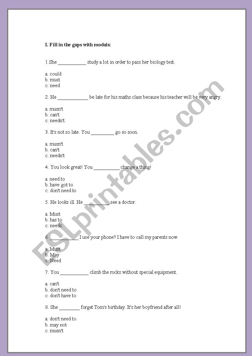 Modal verbs worksheet