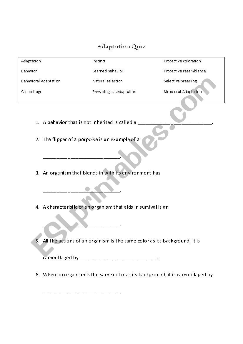 Adaptations Worksheet worksheet