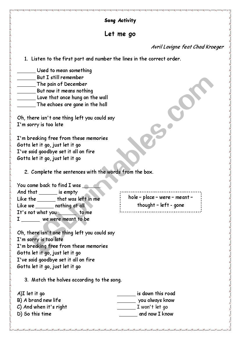 Song worksheet - Let me go worksheet