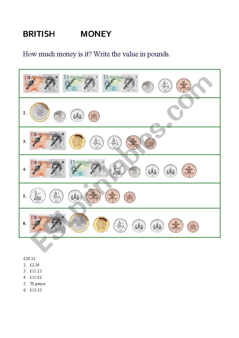 British money worksheet