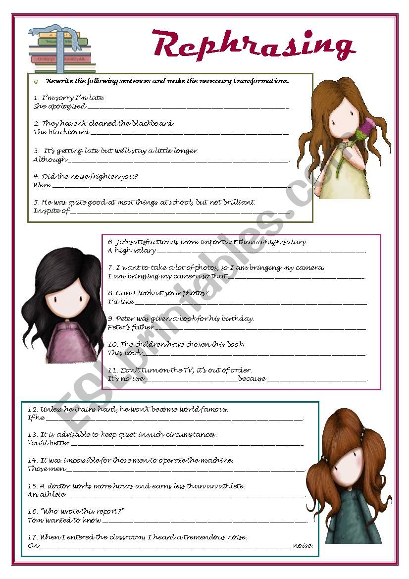 Rephrasing sentences worksheet